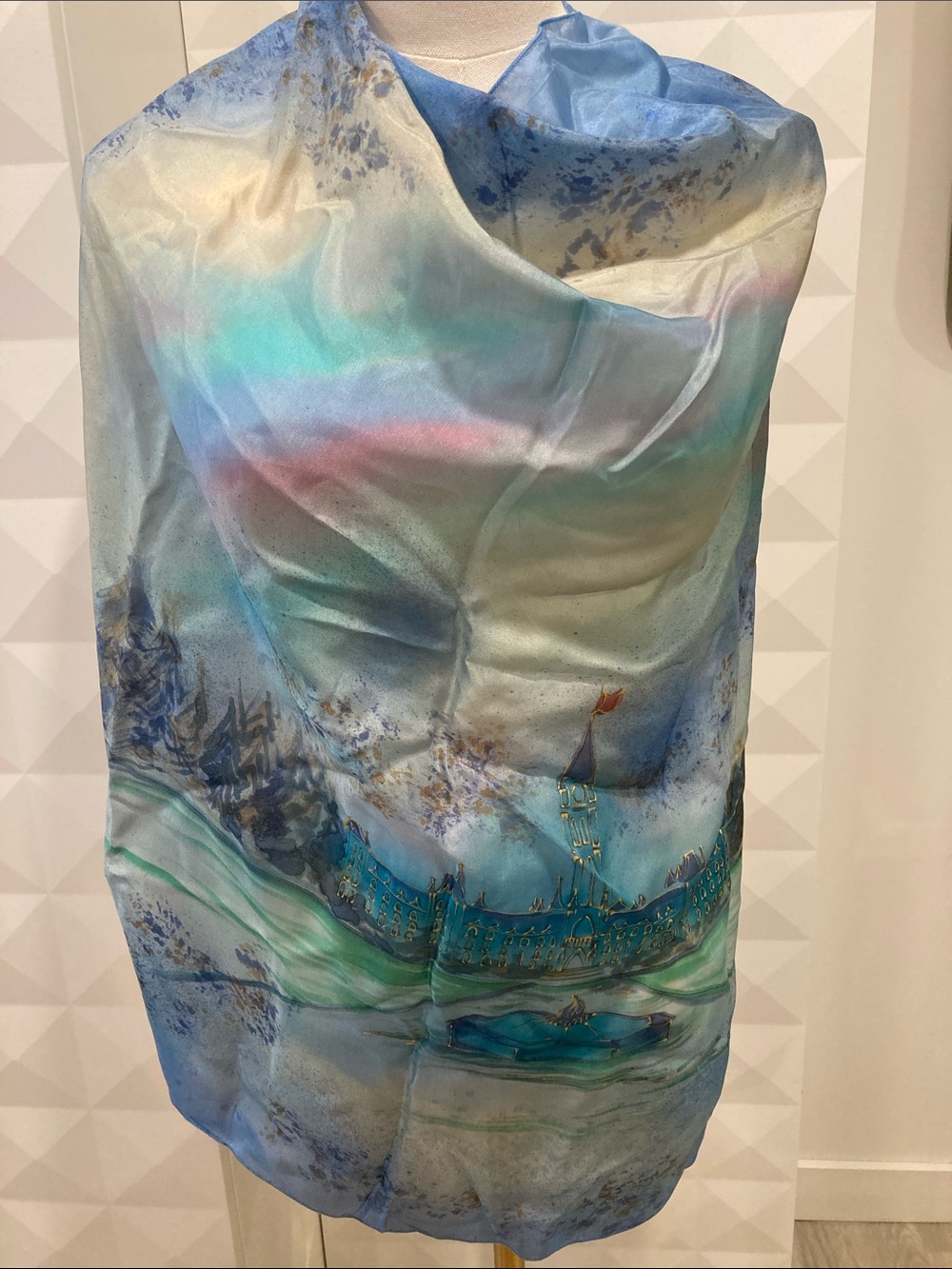 100% Silk Pastel Watercolor Scarf in Sky Blue and Teal